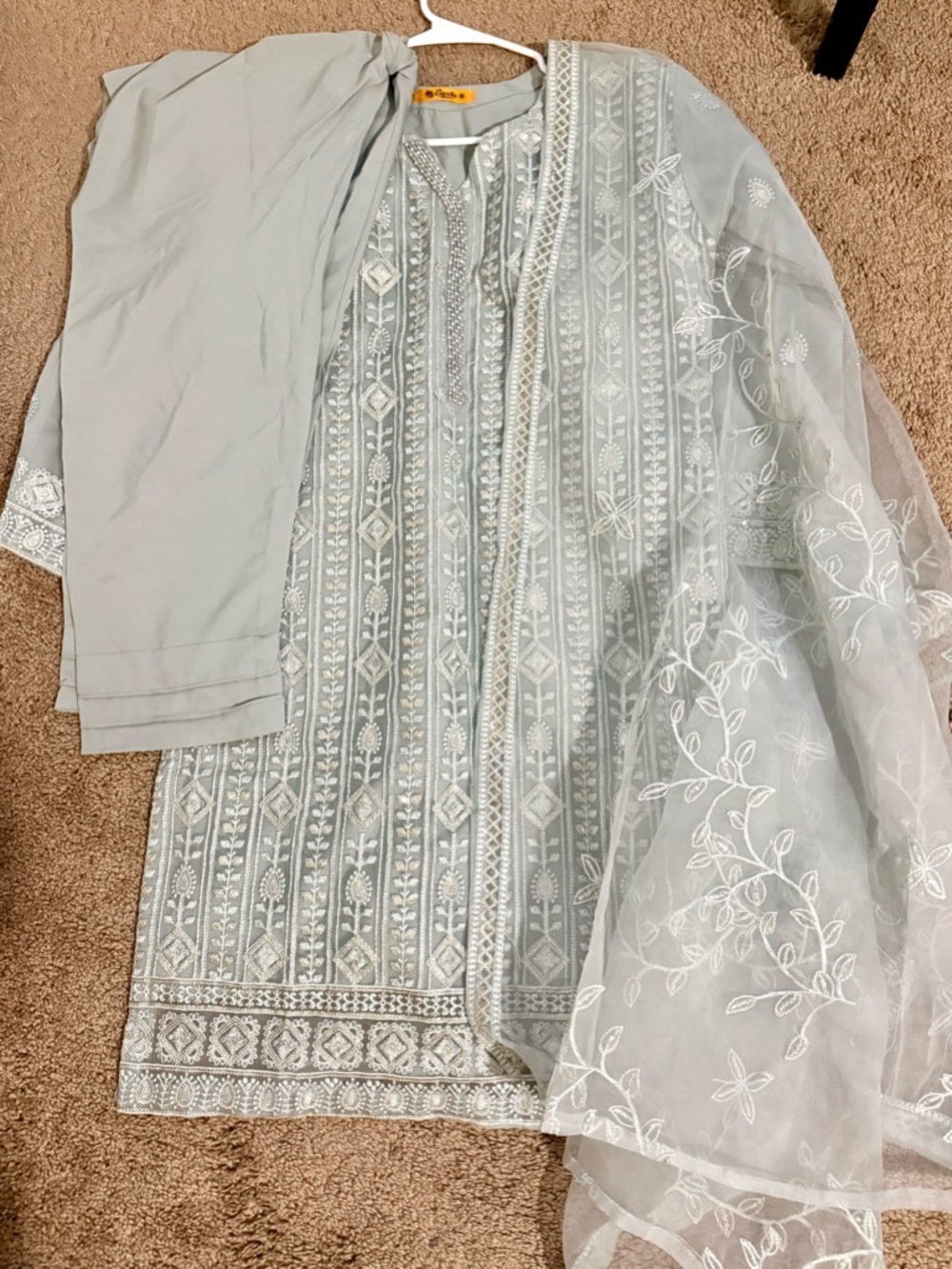 Embroidered Light Gray Salwar Kameez Set with Sheer Dupatta